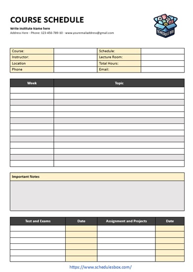 Course Schedule Template – Exams and Assignments