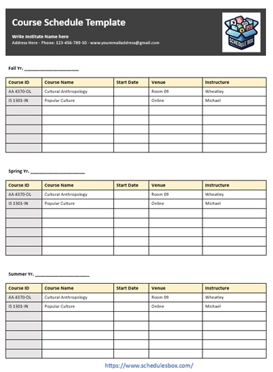 Course Schedule Template – Fall Spring and Summer