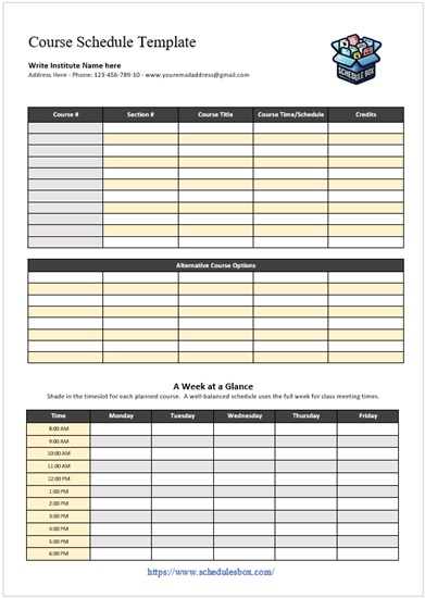 Course Schedule Template – Week at a Glance