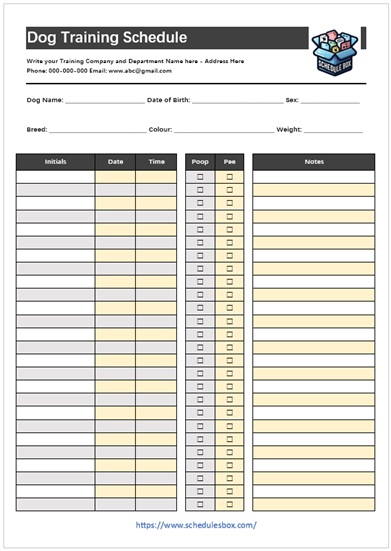 Dog Training Schedule Template – Poop and Pee