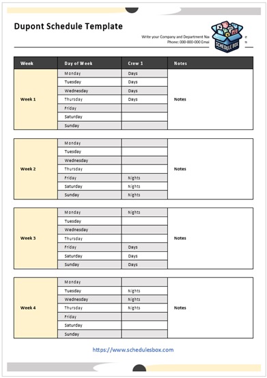 Dupont Schedule Template – Monthly Plan