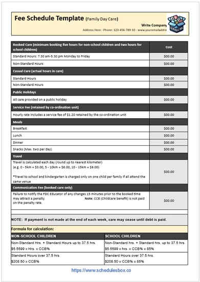 Fee Schedule Template – Family Day Care