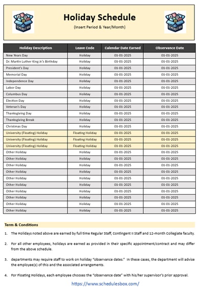 Holiday Schedule Template 03