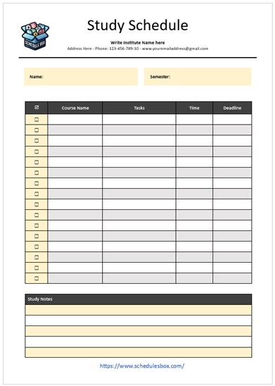 Study Schedule Template – Courses Wise