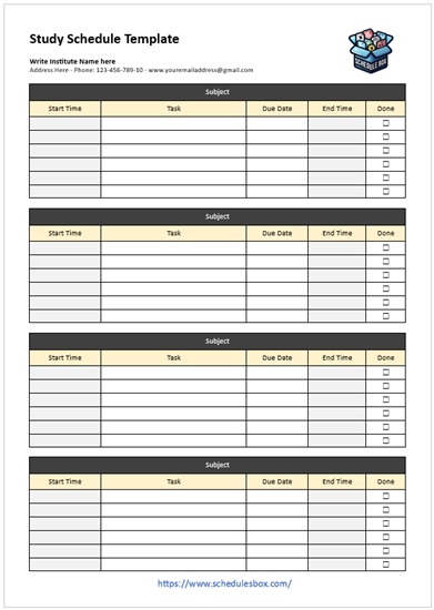 Study Schedule Template – Subject Wise