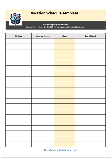 Vacation Schedule Template – Agency Plan