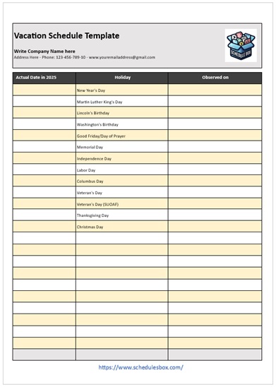 Vacation Schedule Template – Basic Plan