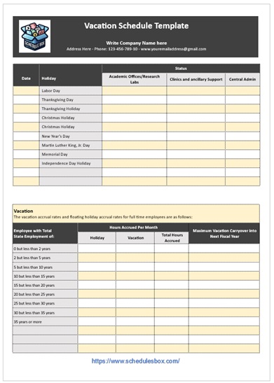 Vacation Schedule Template – Employee Record