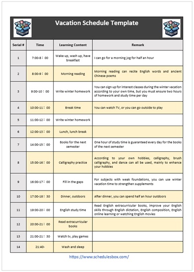 Vacation Schedule Template – Student Plan