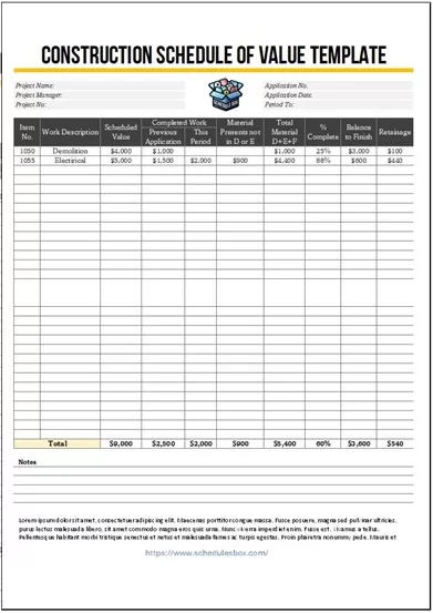 Construction Schedule of Value Template