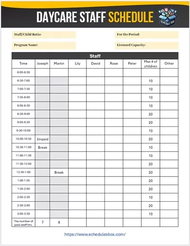 Daycare Staff Schedule Template