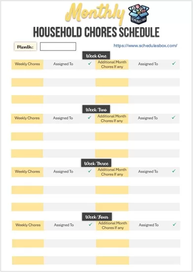 Monthly Household Chores Schedule Template