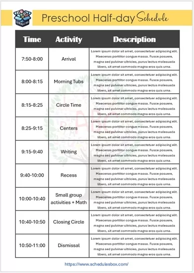 Preschool Half-Day Schedule Template