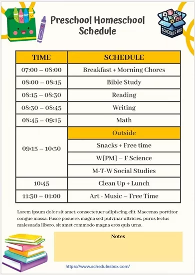 Preschool Homeschool Schedule Template