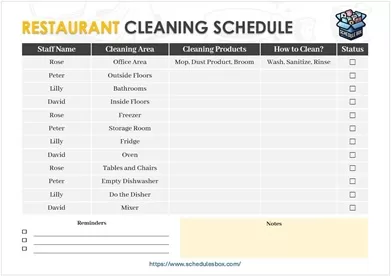 Restaurant Cleaning Schedule Template