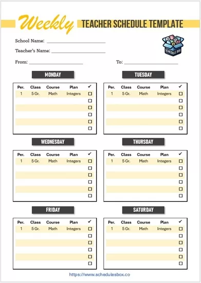 Weekly Schedule Template for Teachers